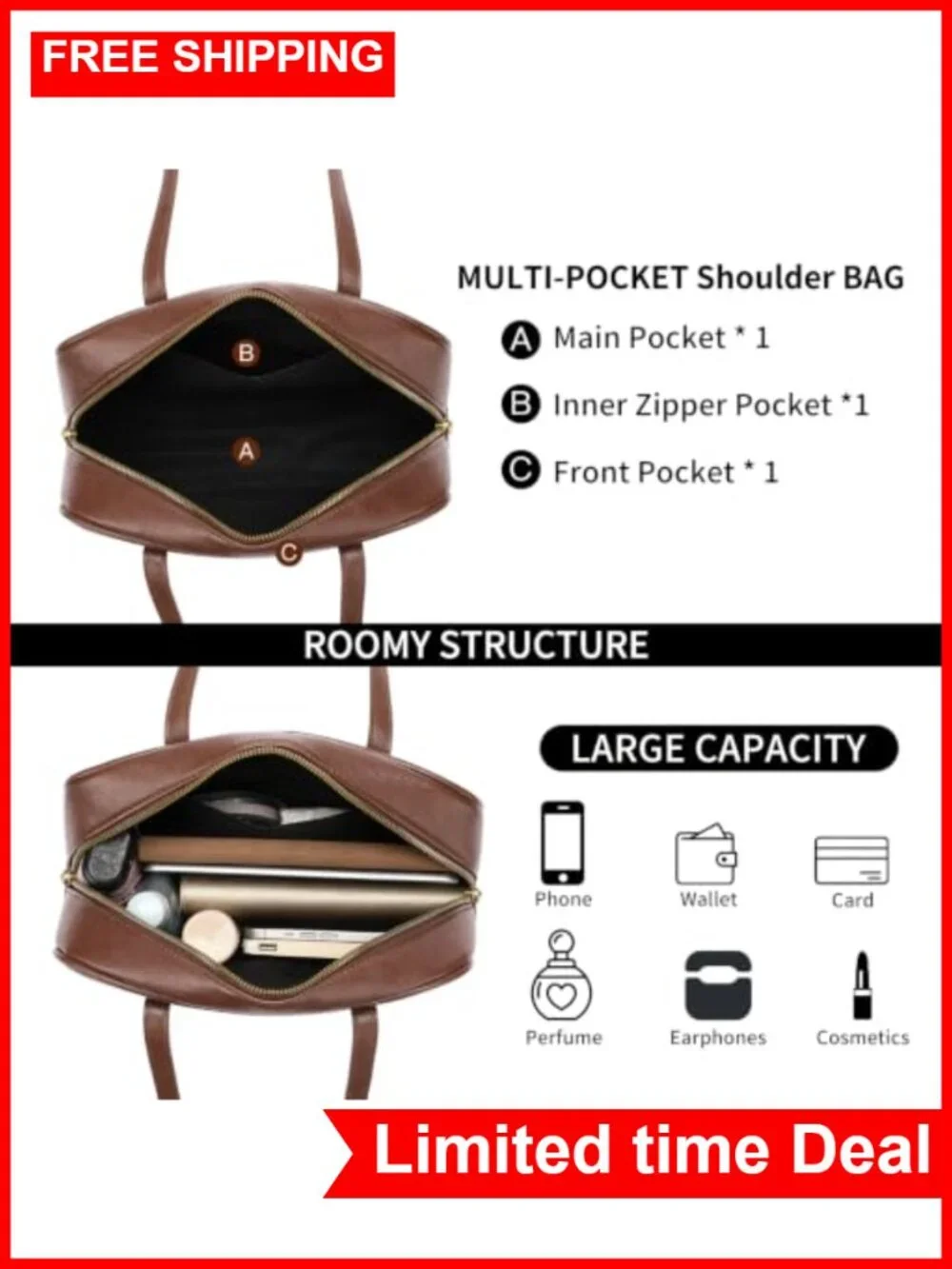 Vegan Leather Swing Zip Top Handle Hobo Bag Shoulder Purse Lightweight